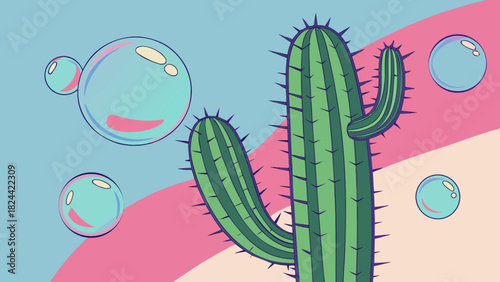 Illustration of a green cactus with thorns surrounded by floating soap bubbles on a colorful background