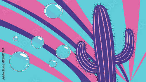 Illustration of a cactus with bubbles against a striped background in pink and turquoise colors
