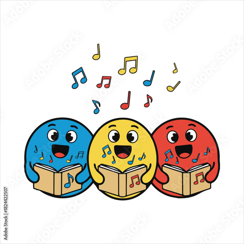 Cheerful cartoon characters singing from songbooks music notes Art & Illustration
