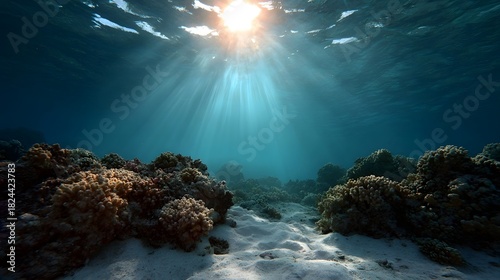 Fototapeta Naklejka Na Ścianę i Meble -  Sunlight rays pierce the deep blue ocean illuminating a vibrant coral reef on a sandy seabed