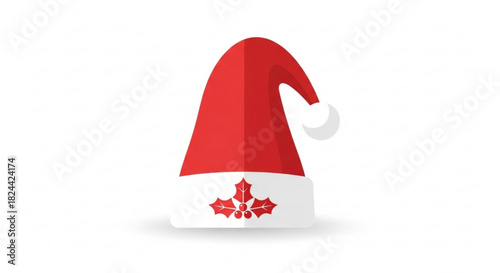 Vector illustration of a festive red and white santa claus hat featuring a small red maple leaf design on the white trim