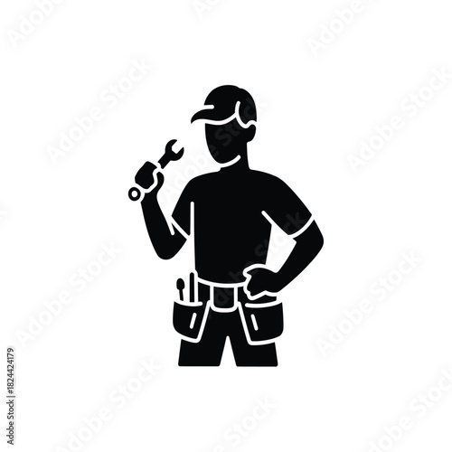 Professional handyman or mechanic in a cap and tool belt, holding a wrench, ready for repair or maintenance work, representing skilled labor and service, isolated on