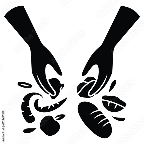Two silhouetted hands reaching down to gather various food items, including fresh bread, fruit, and vegetables, symbolizing charity, harvest, sharing, and healthy eating, isolated on