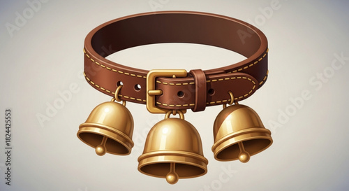 Realistic illustration of a brown leather pet collar adorned with three shiny golden brass bells hanging from metal rings against a neutral background