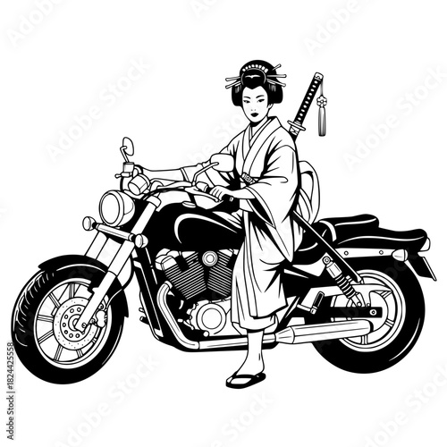 Japanese woman in kimono, geisha black and white, vector art, flat design