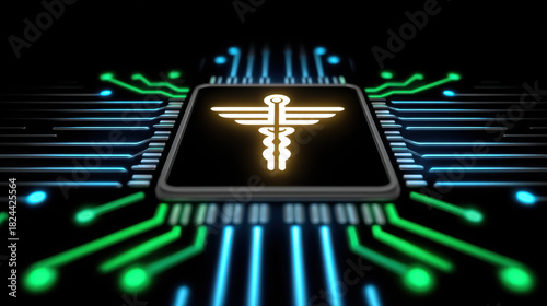 Artistic glowing health symbol in tech scene with digital circuit board and medical icon concept