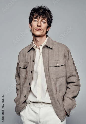 A confident young man poses in a modern, stylish outfit featuring a linen jacket and white shirt, set against a neutral backdrop.