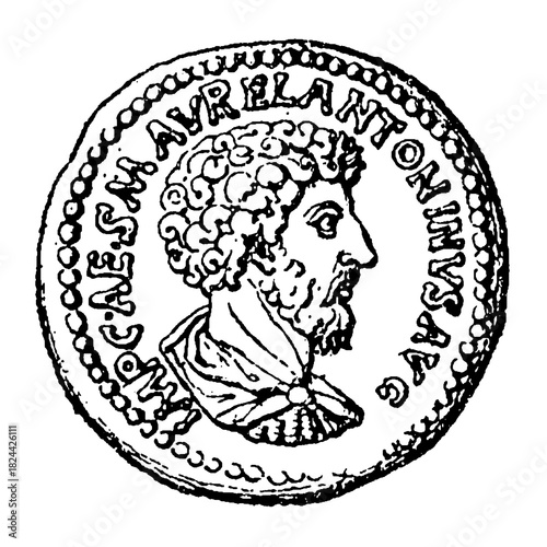 Gold aureus of Marcus Aurelius, 161 -180 AD Roman coin with emperor’s bust, old vintage illustration, 1899