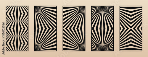Vector set of trending laser cut panels. Stencils with geometric pattern, diagonal lines, stripes, zigzag. Decorative template for laser, CNC cutting of wood, metal, plywood, paper. Aspect ratio 1:2