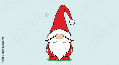 Cute cartoon illustration of a traditional christmas gnome wearing a tall red hat with a white pompom and a long white beard against a light blue background
