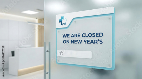 Dental office closed sign on glass door New Years holiday, dental office, closed sign, new years, holiday, announcement, door, glass, frosted glass, reception, waiting room, medical, healthcare, clini