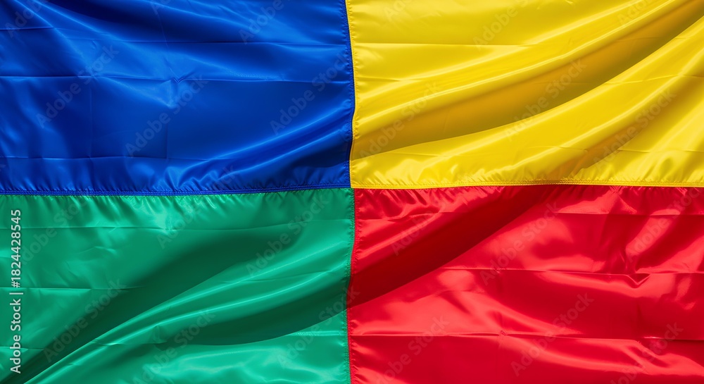 Obraz premium Four colored flag with distinct quadrants of blue, yellow, green, and red. 