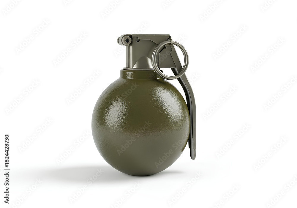 Fototapeta premium An olive green hand grenade with a matte finish, featuring a spherical body and a metal safety lever.