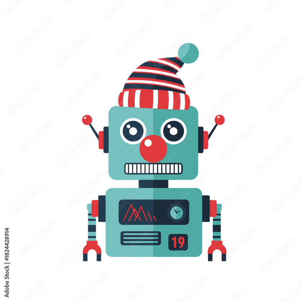 Naklejka premium Festive android automaton celebrates holidays, vector illustration of a whimsical robot decorated