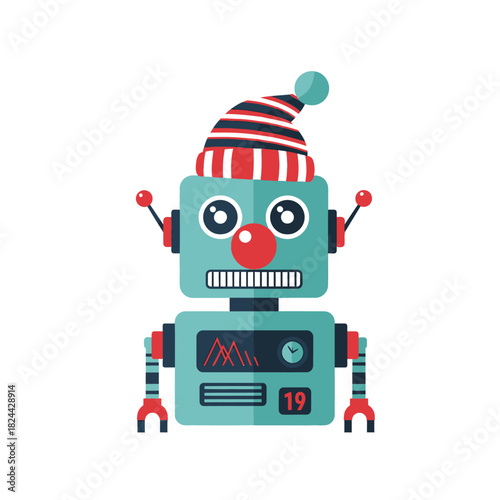Festive android automaton celebrates holidays, vector illustration of a whimsical robot decorated