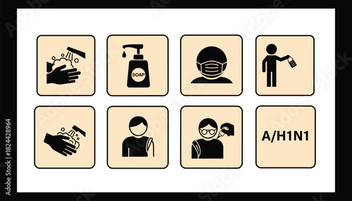 Set of monochrome vector icons for health, hygiene, and disease prevention, including handwashing, mask use, sanitizer, and vaccination.