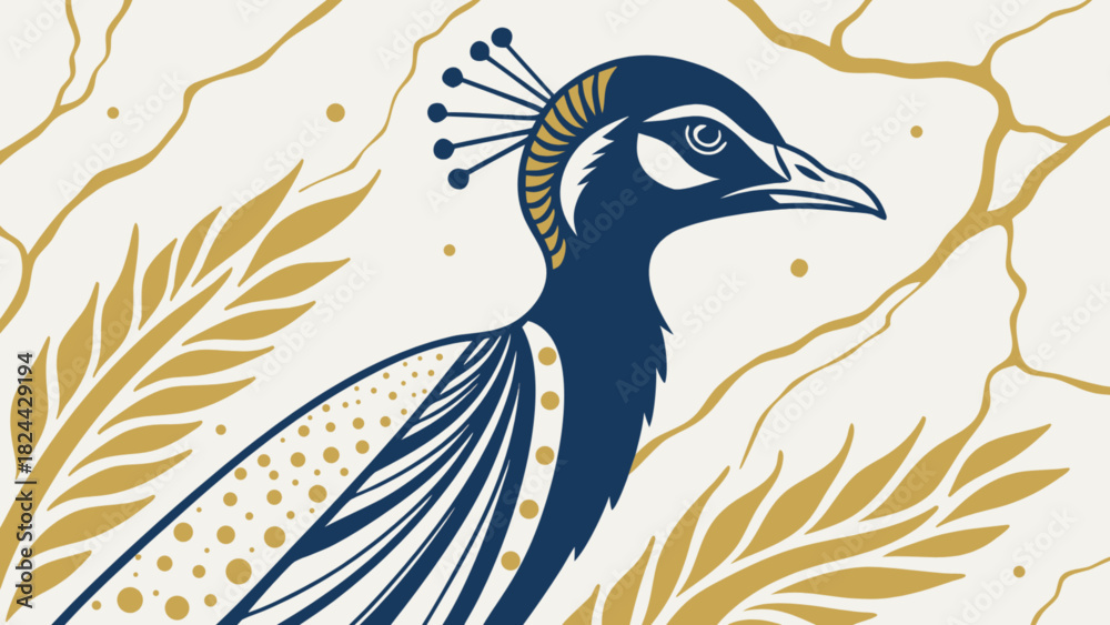 Naklejka premium Illustration of a stylized bird with blue plumage and decorative golden accents on a white background