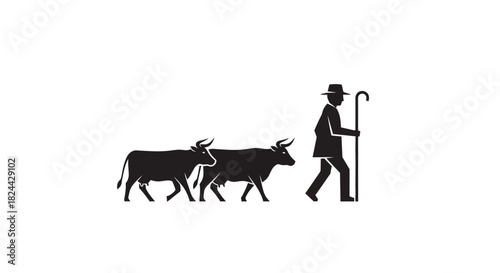 A lone figure with a staff guides two cattle across a minimalist landscape