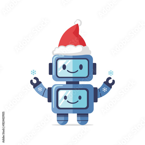 Festive futuristic holiday robot, joyfully presenting winter cheer with digital charm and seasonal
