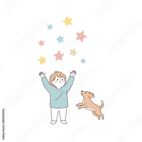 Whimsical celebration featuring a child and dog engaging with floating pastel stars graphic