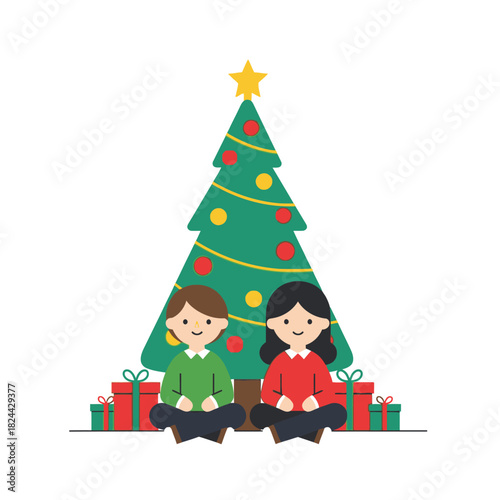 Festive holiday scene with stylized children and ornamented christmas tree illustration