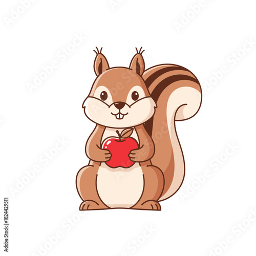 Delightful squirrel character holding a bright apple illustration offering nature's bounty