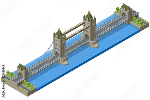 Isometric illustration of London s Tower Bridge spanning the river, showing detailed towers, suspension elements and classic British architecture.