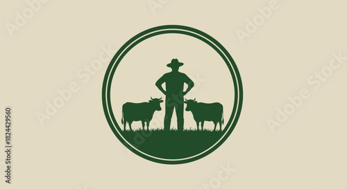 Farmer and cows in green circle with grass