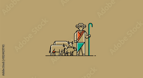 Geometric depiction of a shepherd with a crook and three cows