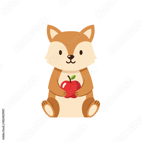 Charming cartoon fox illustration gracefully clutching a bright red apple image full of joy
