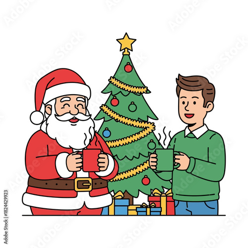 Festive holiday cheer illustration: Santa Claus and friend enjoy a warm drink near the decorated