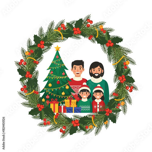 Festive family celebrating christmas in wreath frame embodying joy and togetherness moments