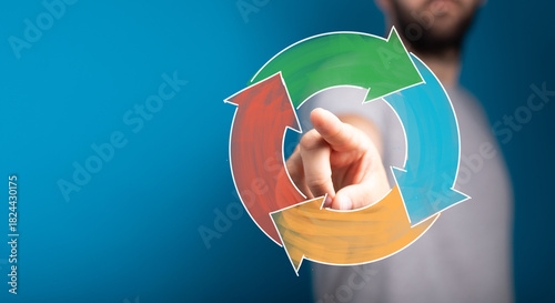 Hand pointing at a circular...