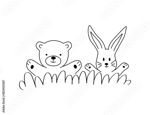 Cute cartoon teddy bear and bunny handdrawn. Vector illustration trend design for t shirt printing, graphic design, kids wear, girls clothes, poster