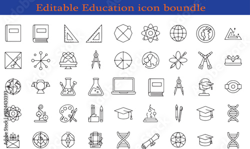 Comprehensive Collection of Editable Education Icons Representing Diverse Subjects and Learning Tools in Simple Line Art Style Suitable for Academic Projects