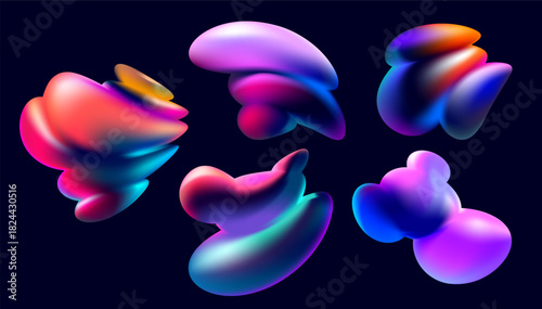 Set of iridescent fluid shapes and bubbles. Collection of colorful vector design elements.