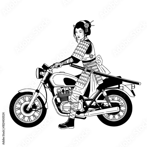 japanese woman in kimono, geisha black and white, vector art, flat design