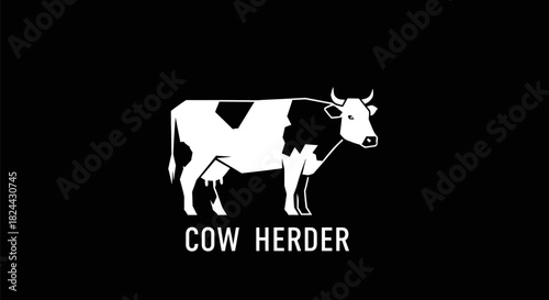 A minimalist, geometric white cow with black patches stands against a black background