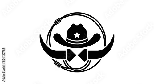 Iconic cowboy hat, lasso, and bull horns design in black and white