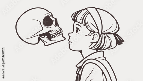 Illustration of a girl looking at a skull with a headband and a backpack in a black and white design