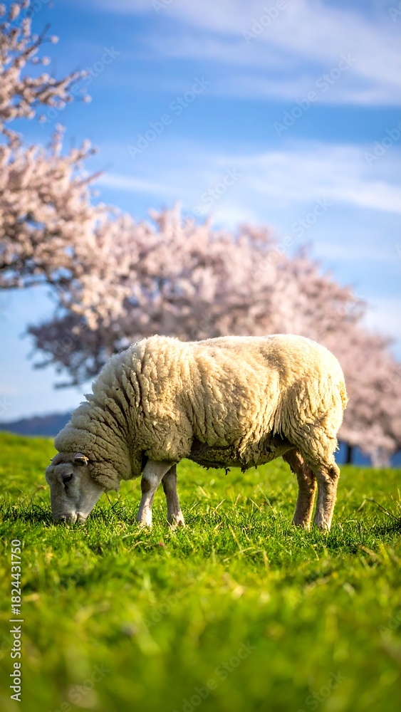 Obraz premium Sheep Grazing Under Cherry Blossoms - A Serene Spring Scene.
