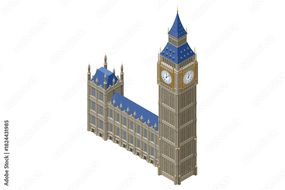 Naklejka premium Isometric illustration of Big Ben and the Palace of Westminster, featuring detailed gothic architecture and classic London landmark elements.
