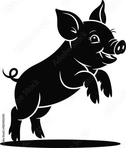 Playful jumping piglet silhouette with happy face on white
