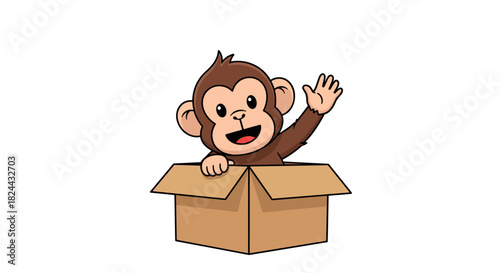 A cheerful, cute cartoon baby monkey emerges from a cardboard box, happily waving with one hand, ready for adventure or to greet someone.