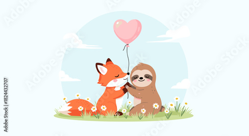 An adorable fox presents a pink heart-shaped balloon to a joyful sloth, symbolizing a sweet moment of friendship or love in nature.