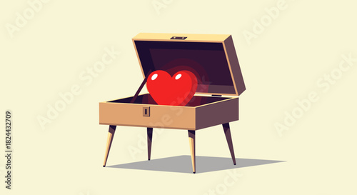 An open wooden chest, set on elegant legs, reveals a radiant, glowing red heart on a minimalist background.