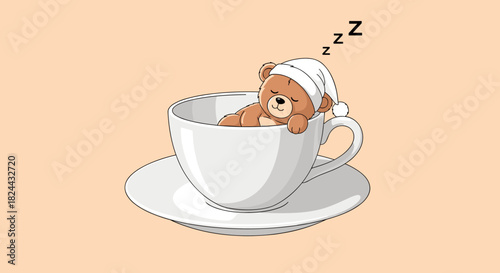 Adorable brown teddy bear wearing a white sleep cap, peacefully napping inside a white ceramic teacup on a matching saucer, with Zzz symbols above.