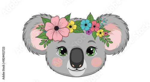 A delightful and cute cartoon koala head with sparkling green eyes and rosy cheeks, adorned with a vibrant floral crown, smiles sweetly.