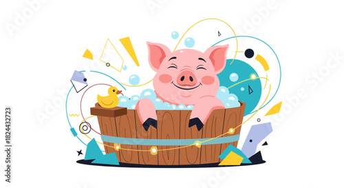 A cheerful cartoon pig joyfully takes a relaxing bubble bath in a rustic wooden tub with a rubber duck, surrounded by playful abstract elements.