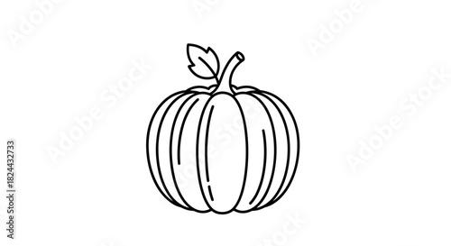 A line art illustration of a classic pumpkin with a stem and leaf, perfect for autumn, Halloween, or Thanksgiving designs.